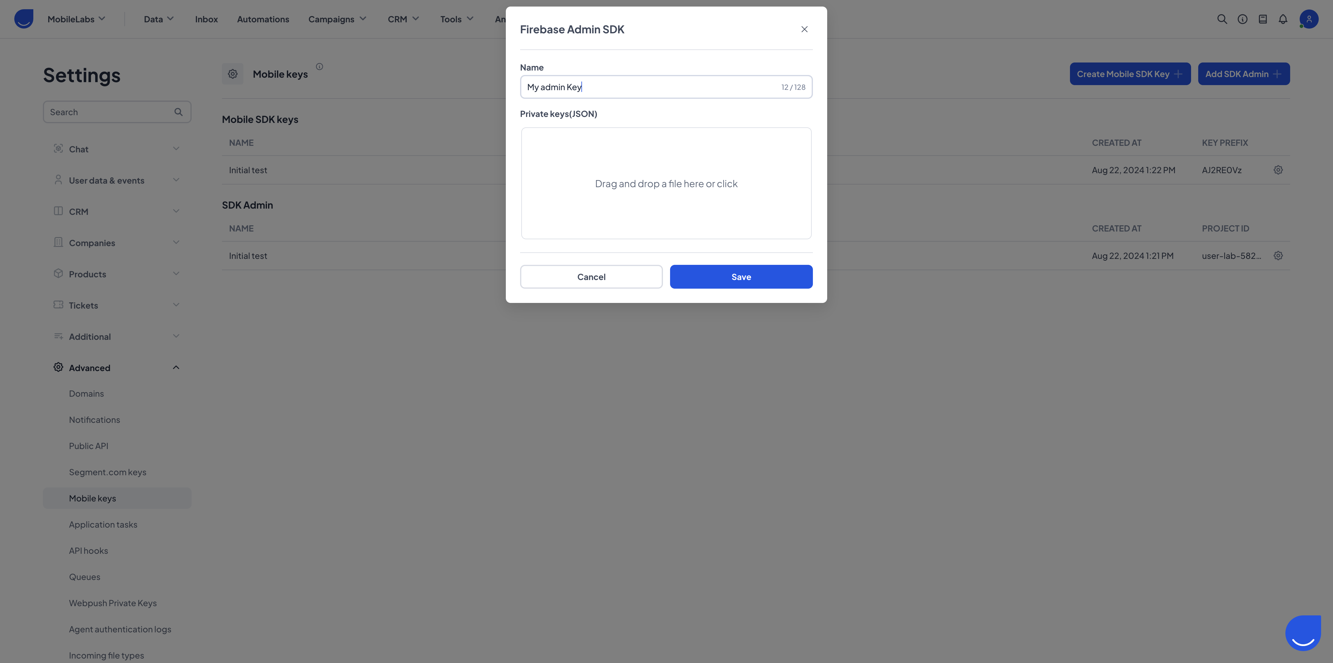 Firebase Service Key modal